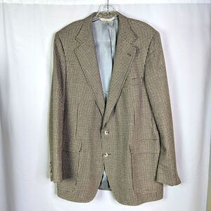 Lands End Silk Wool Blazer Sport Coat Herringbone Plaid Men 46 Long Brown USA